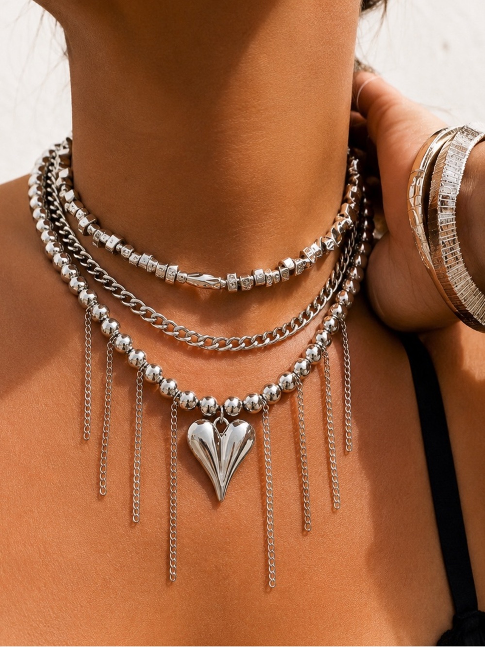 Silver Multi-Layer Heart Fringe Necklace - Women Jewelry